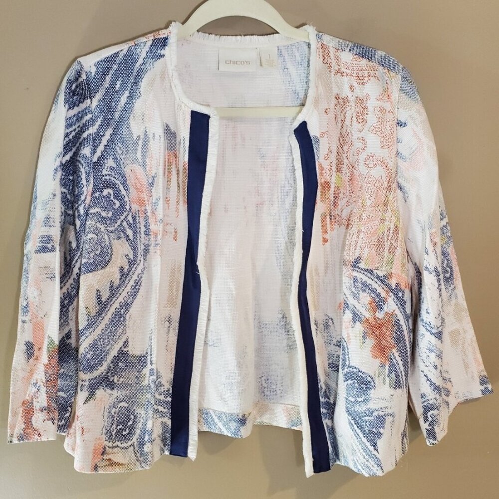 Chicos Rayon Blend Paisley Deisgn Open Front Cardigan Sz 1